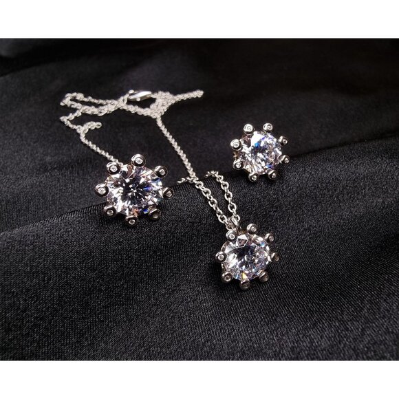 925 Sterling Silver JCL Signed Pendant Necklace & Earrings Set With Round Cut Cu - Picture 3 of 7